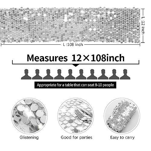 12 x 108 Inch Sequin Table Runner Glitter Premium Big 12"x108" 1PCS Silver gallery