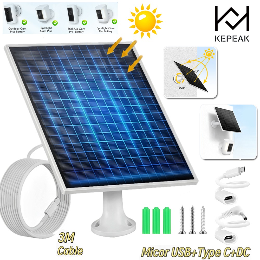 Waterproof Solar Panel Kit 5W 5V W/ Stand For Spotlight Camera Doorbell Charger gallery