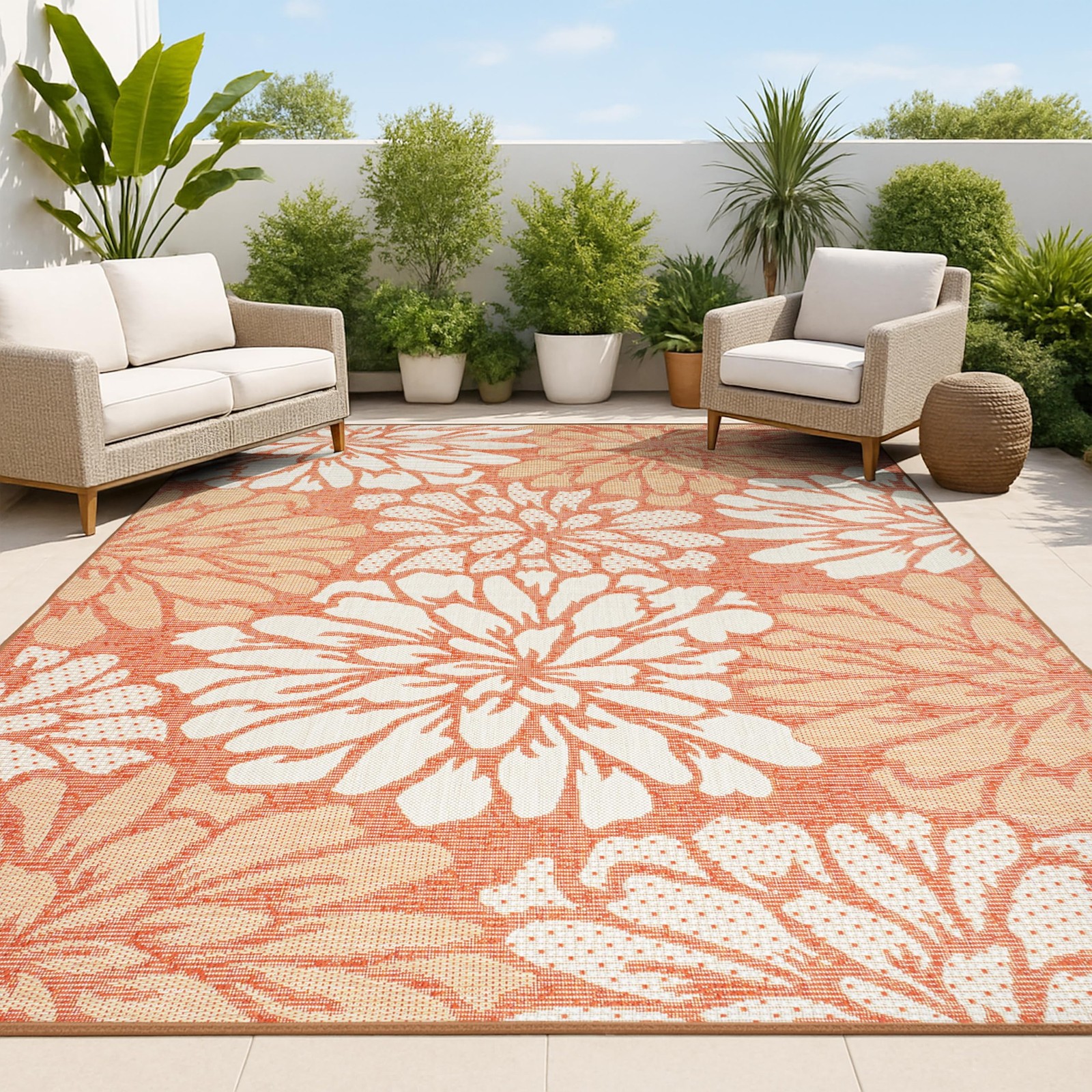 Jonathan Y Floral Textured Weave Indoor Outdoor Area Rug 5X8 Orange/Cream gallery