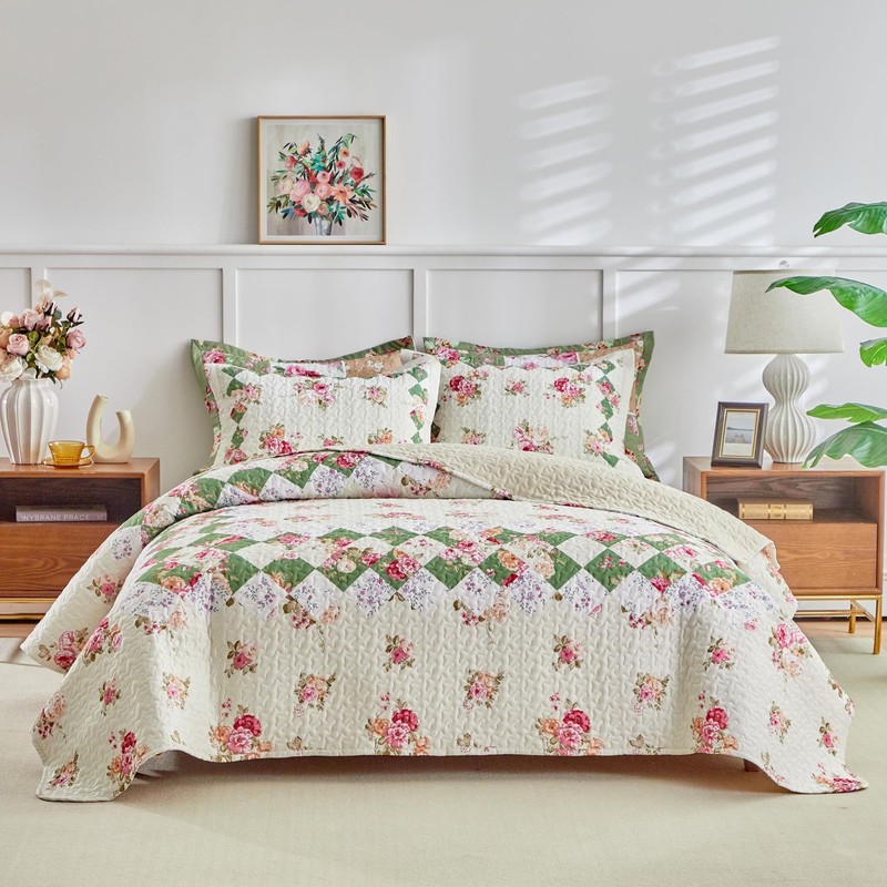Patchwork Quilt Set Queen Size,3 Pieces Pink Cream Green Floral Plaid Reversi... gallery