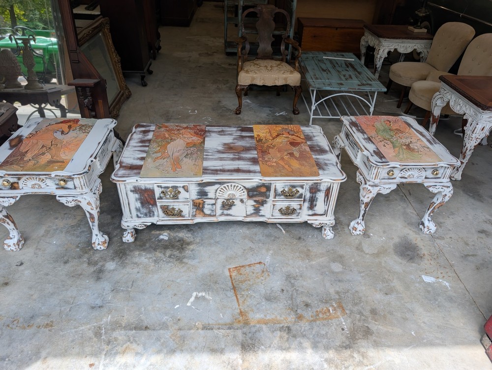 Shabby Chic Walnut End Tables (Pair) & Coffee Table "The Four Seasons" by Mucha