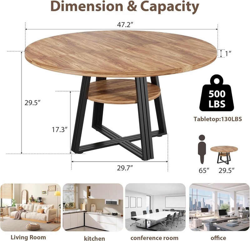 47-Inch Round Dining Table for 4-6, Space-Saving Industrial Furniture w/ Storage gallery