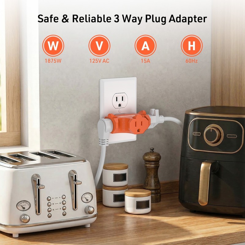 3-Pack 3 Way Plug Adapter 15A 1875W,3 Prong 3 Outlet Adapter Power Splitter Plug gallery