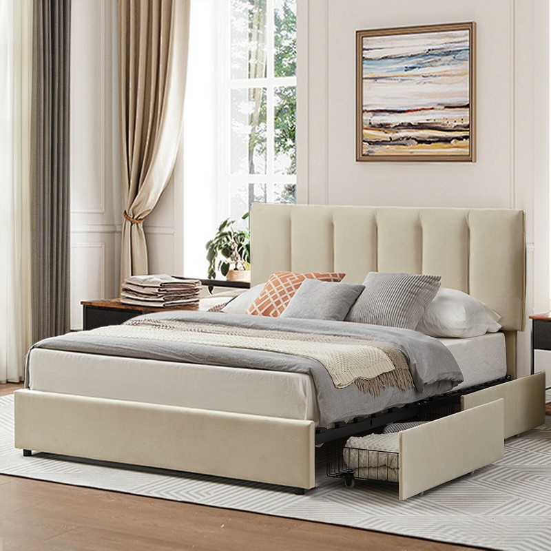 VECELO Twin Full Queen Bed Frame Platform with Upholstered Headboard Wooden Slat gallery
