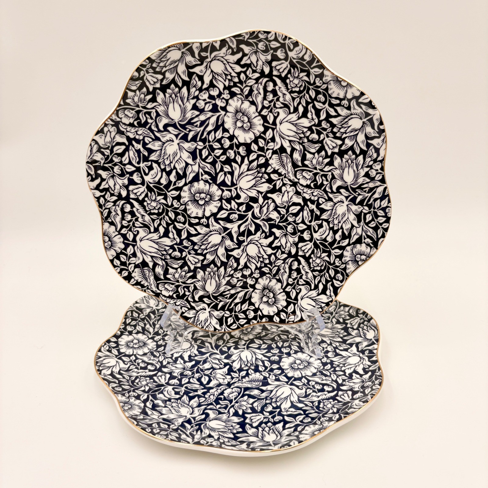 Morris & Co Navy Blue White Floral Chintz Scalloped Porcelain Plates Set of 2 gallery