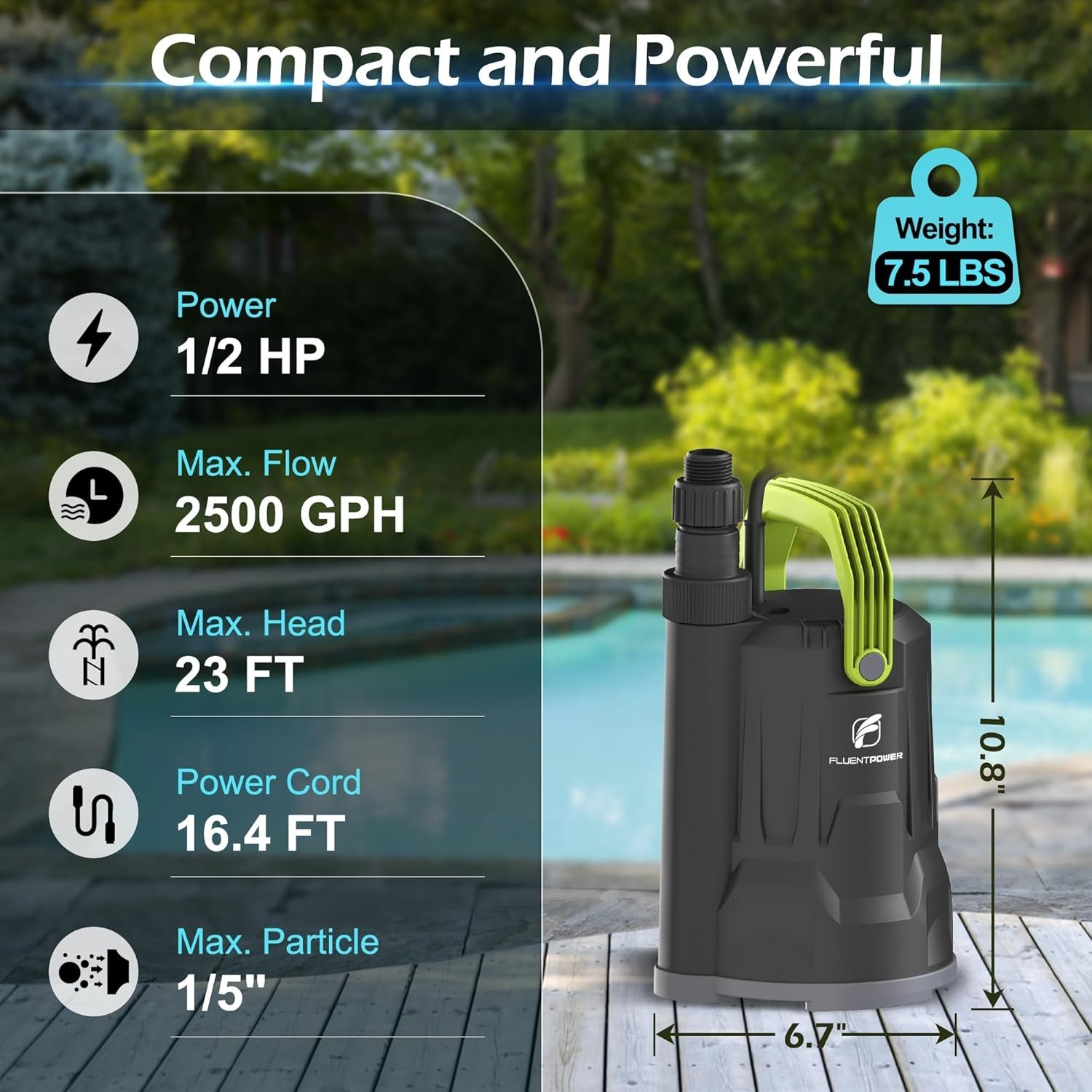 1/2HP Submersible Water Pump, 2500GPH Utility Pump Manual Control for Swimming P gallery