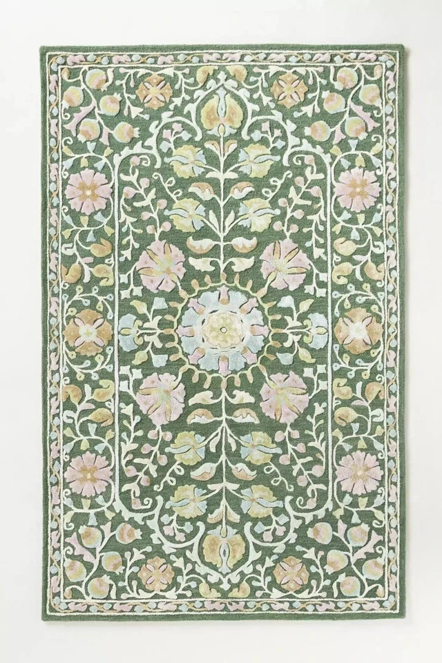 Handmade Wool & Silk Tufted Rug Floral Botanical Design Green Carpet gallery