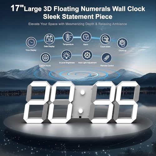 3D Digital Wall Clock 17" LED with Remote, Timer, Date, Temp, Adjustable gallery