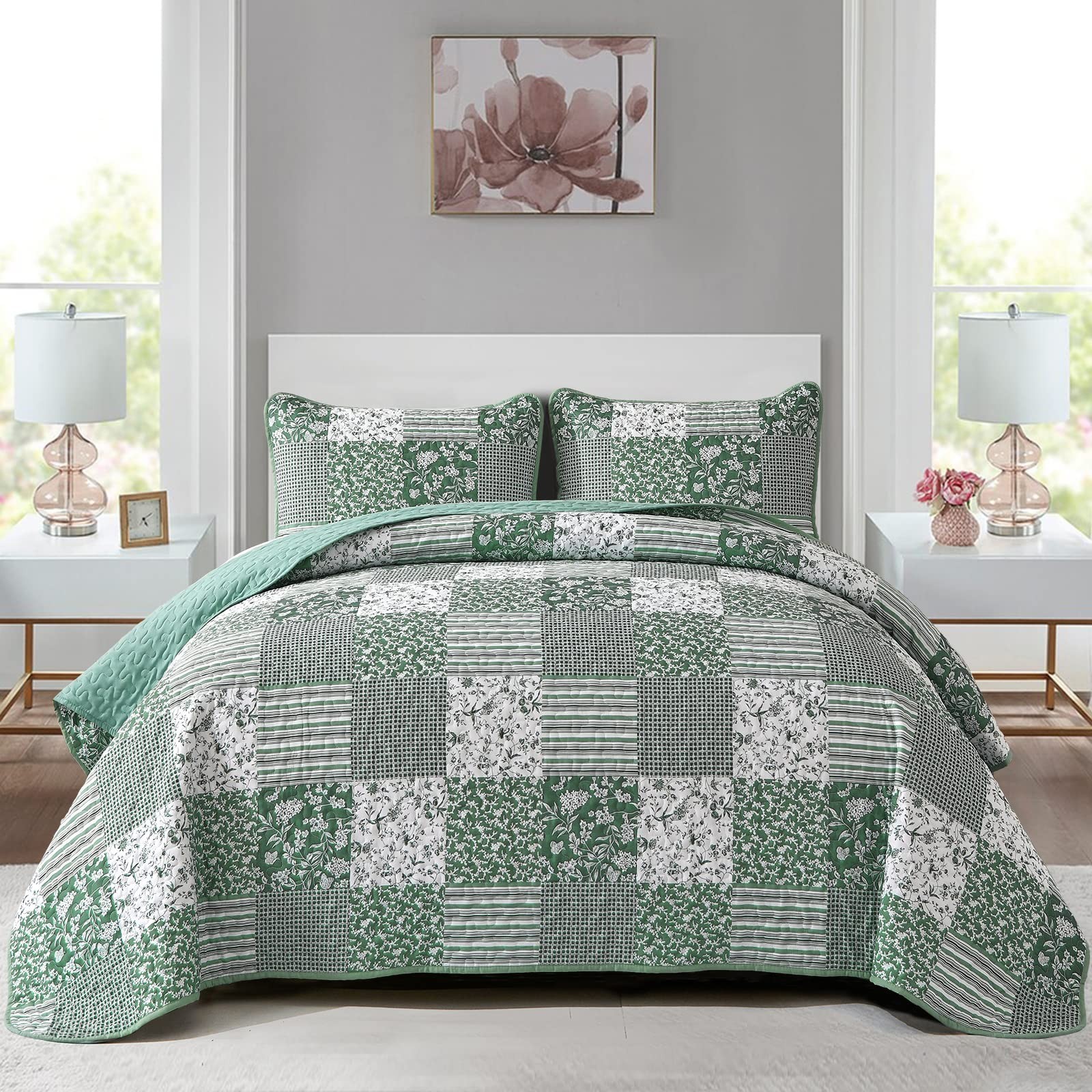 Boho Green King Quilt Set - 3-Piece Reversible Soft Plaid Floral Bedding, 90"x10 gallery