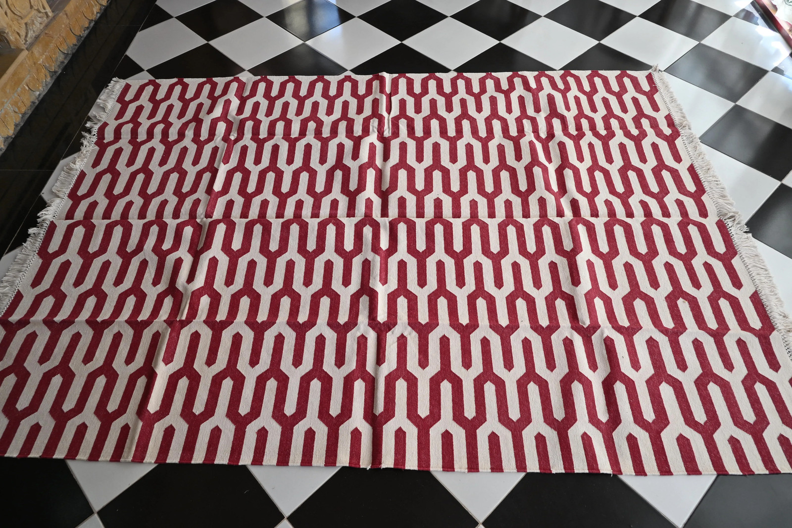 Rugmoda Cotton Red & Ivory Geometric Lattice 5x8 Living Room Area Rug Handwoven gallery