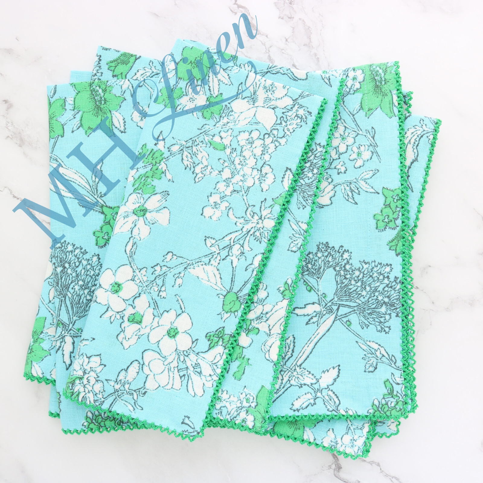 Linen Blend Dinner Napkin in Blue Green Floral Print with Kelly Green Picot gallery