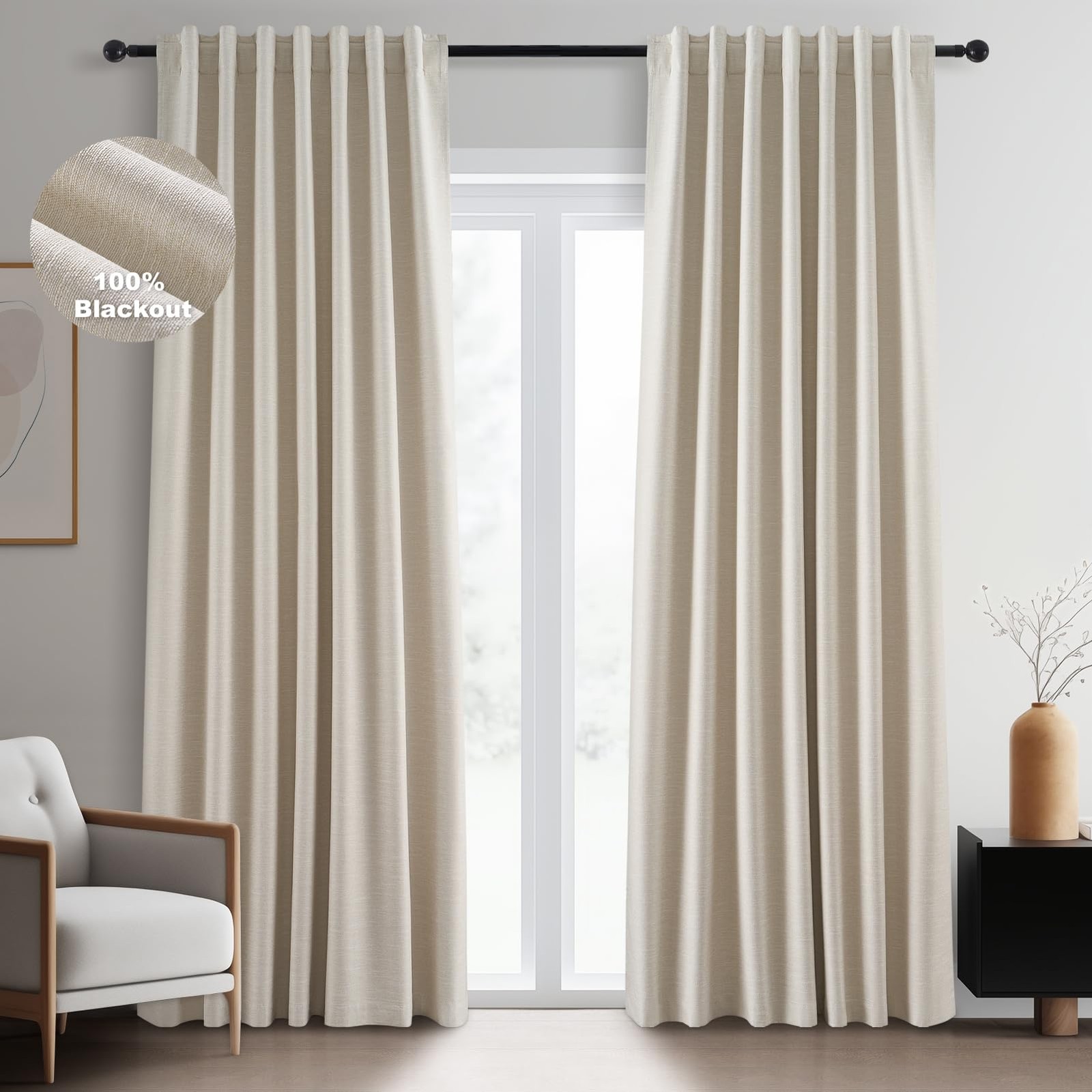 Topfinel 94 Inches Long Tan Colored Custom Blackout Linen Curtains, Internet ... gallery