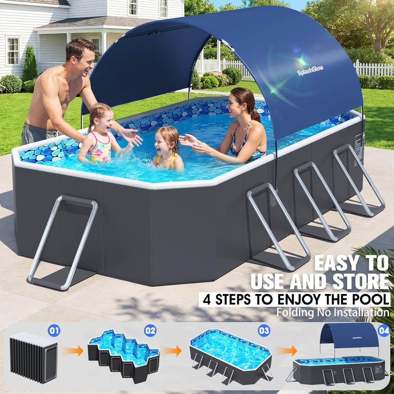 Foldable Pool Non Inflatable Large Pool with Canopy, 90x50x20 Inches gallery