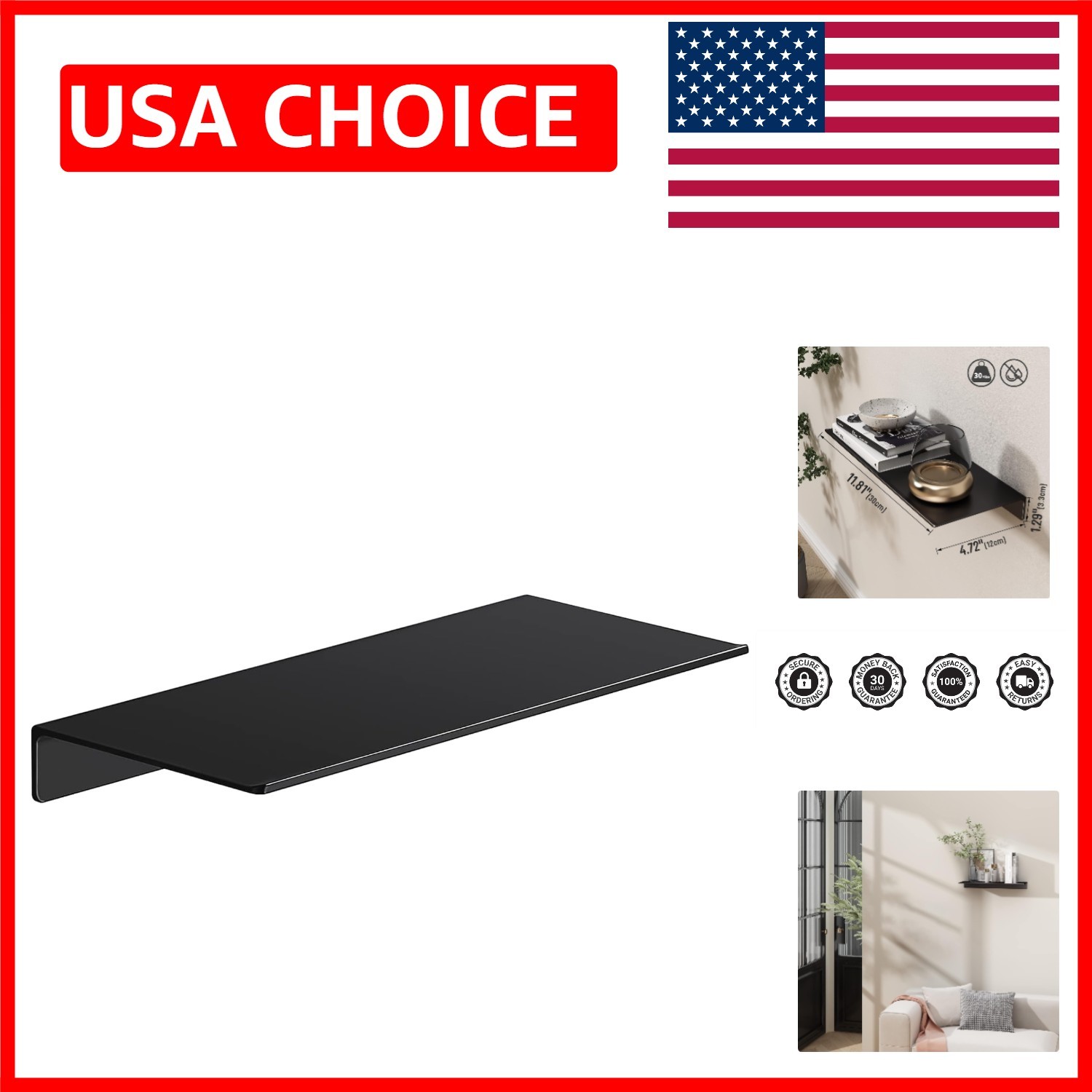 12-Inch Black Floating Metal Wall Shelf - Durable & Stylish Storage Solution gallery