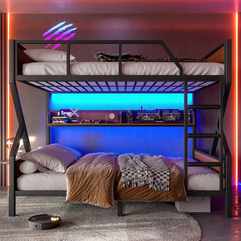 Full over Full Bunk Bed, Metal Bunk Bed with Storage Shelves & Lights Black Bed gallery