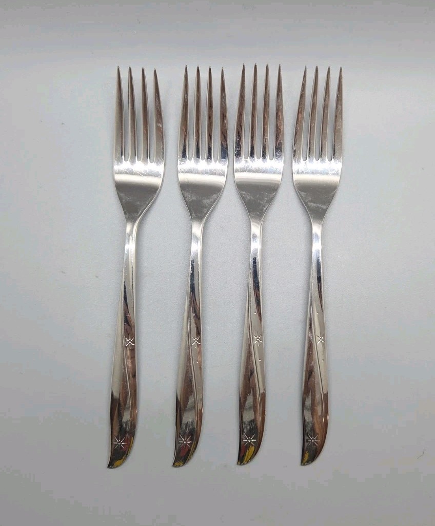 4 Oneida Community TWIN STAR Stainless Steel Dinner Forks Atomic Starburst MCM gallery