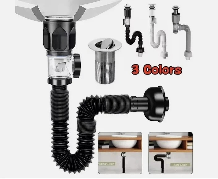 Black Universal Sink Drain Pipe Set Retractable Deodorant Sewer Drainage Water gallery