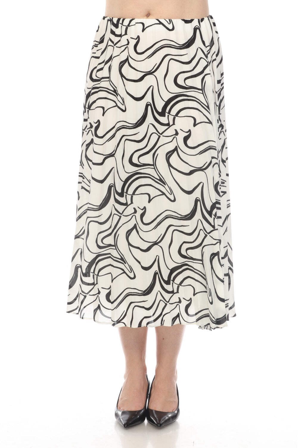 Joseph Ribkoff Vanilla/Black Scribble Print Pleated Pull On Midi Skirt 241301 gallery