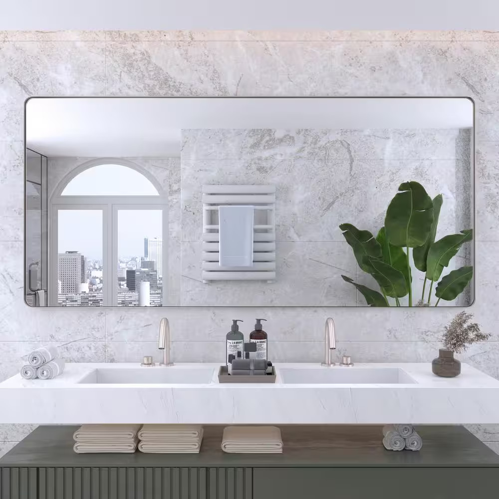 77 In. W X 36 In. H Rectangular Framed Wall Mounted Bathroom Vanity Mirror in Br gallery