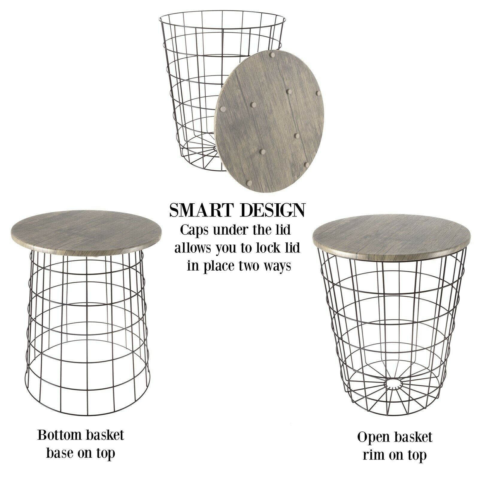 Nesting End Tables Metal Basket MDF Vaneer Top Storage Furniture Accent Decor gallery