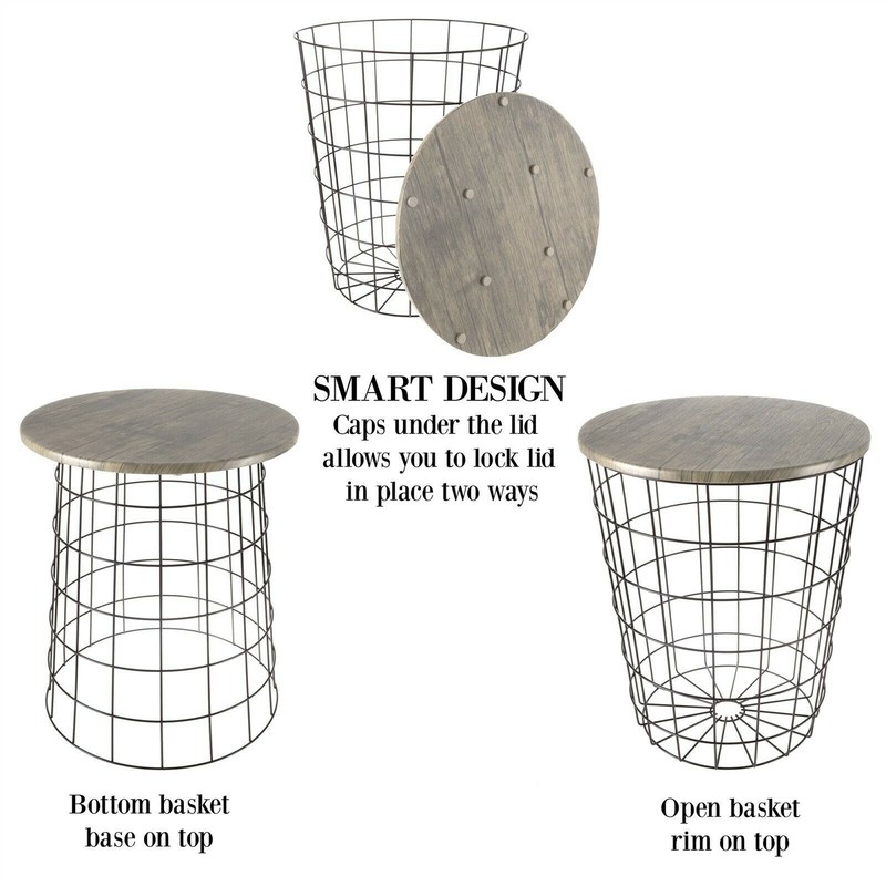 Nesting End Tables Metal Basket MDF Vaneer Top Storage Furniture Accent Decor gallery