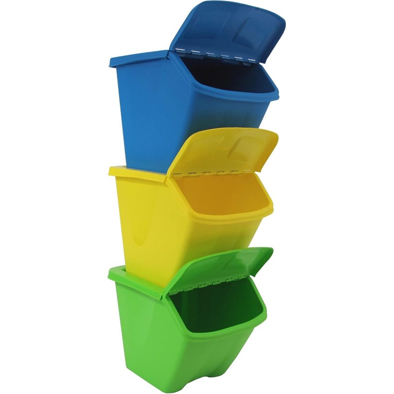 Redmon 10-Gal Stackable Shutter Bins, 3-Piece Recycling Storage Set, Multi-Color gallery