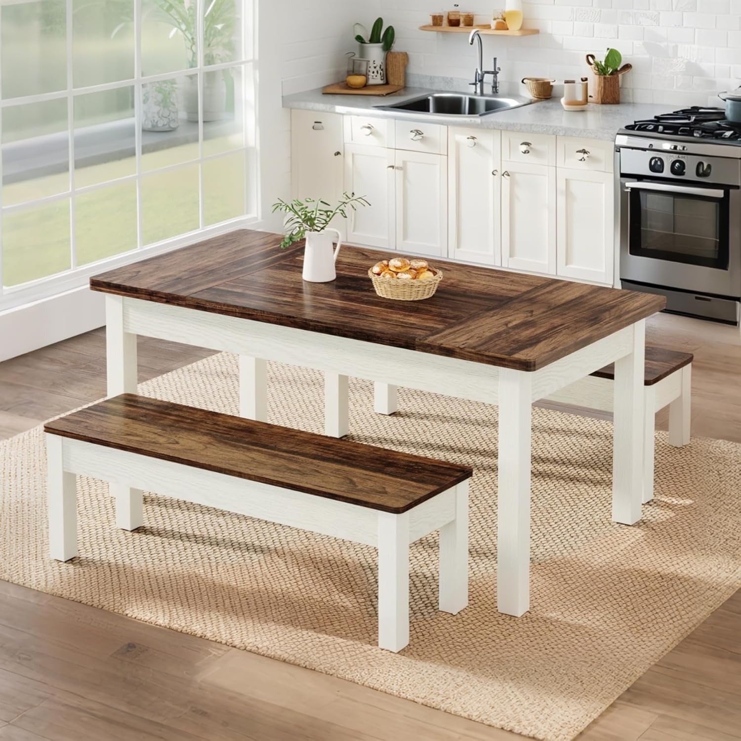 Modern Dinner Table Set for 4-6 People, 55'' Wood Kitchen Table with 2 Benches gallery