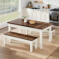 Modern Dinner Table Set for 4-6 People, 55” Wood Kitchen Table with 2 Benches