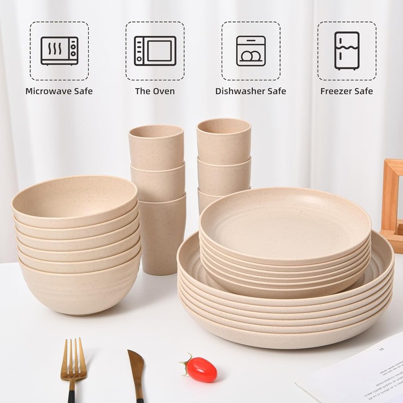 24 - Piece Wheat Straw Dinnerware Set - Plates and Bowls for 6, Unbreakable, Dis gallery