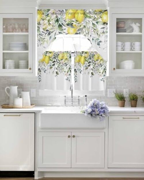 Kitchen Curtains Sets 24 Inch Length with 24"W x 56"L (Pack of 3) Yellow Lemon gallery