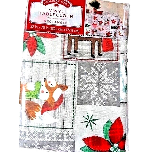 Homespun Patchwork Vinyl Tablecloth Animals Poinsettia 52 x 70-in PVC-Free Gift