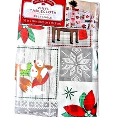 Homespun Patchwork Vinyl Tablecloth Animals Poinsettia 52 x 70-in PVC-Free Gift