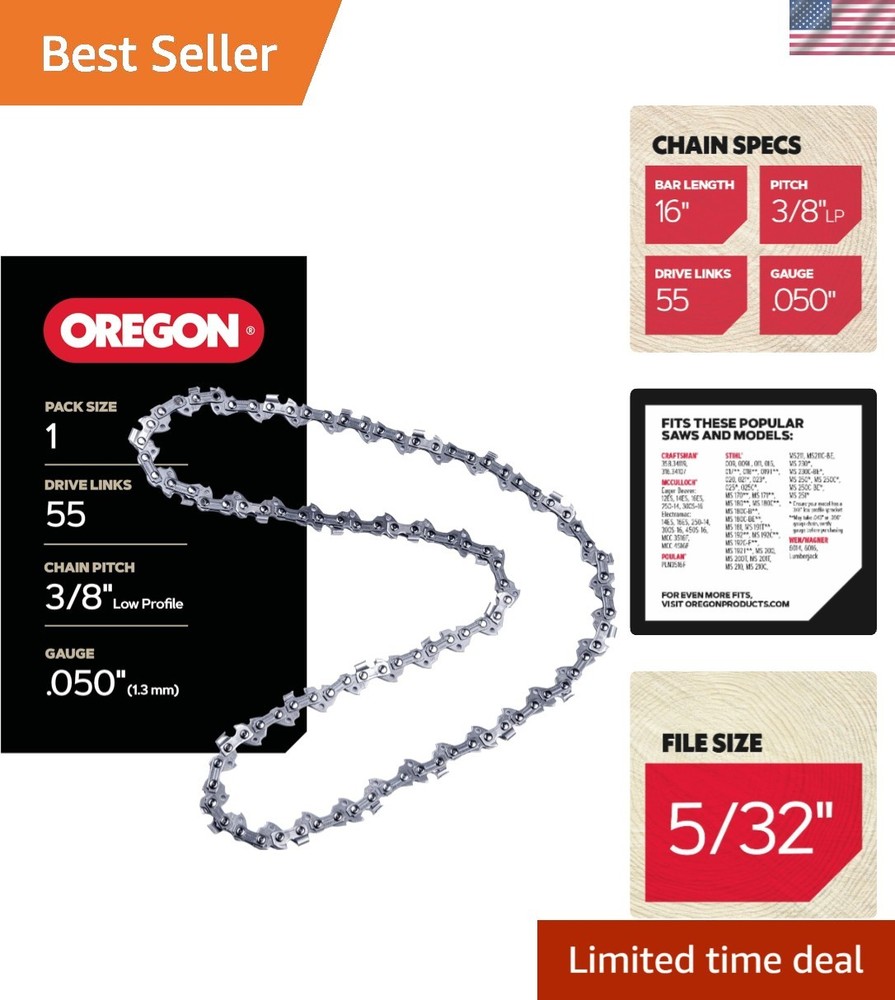 Semi-Chisel Replacement Chainsaw Chain - 55 Drive Links, 3/8" Pitch, .050" Gauge