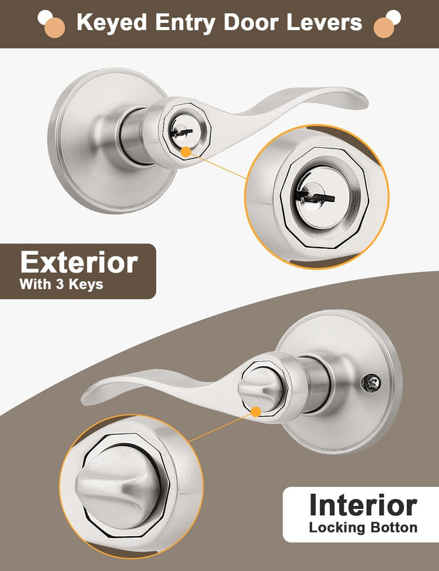 5 Pack Keyed Entry Lever with Same Key, Satin Nickel Wave Door Handle Set, Exter gallery