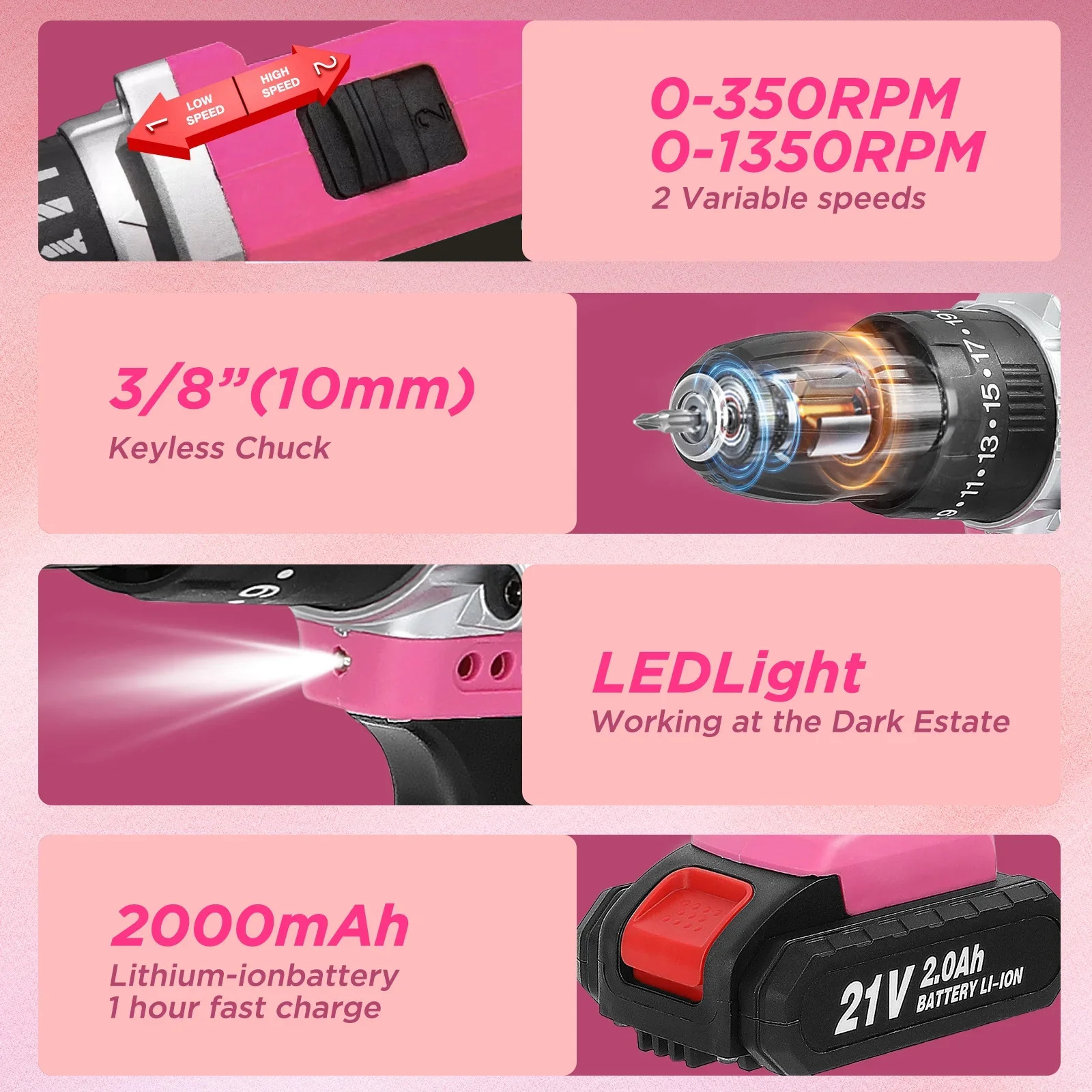 VQJTCVLY 21V Cordless Power Drill Set, Brushless Motor, 3/8 in Keyless Chuck, gallery