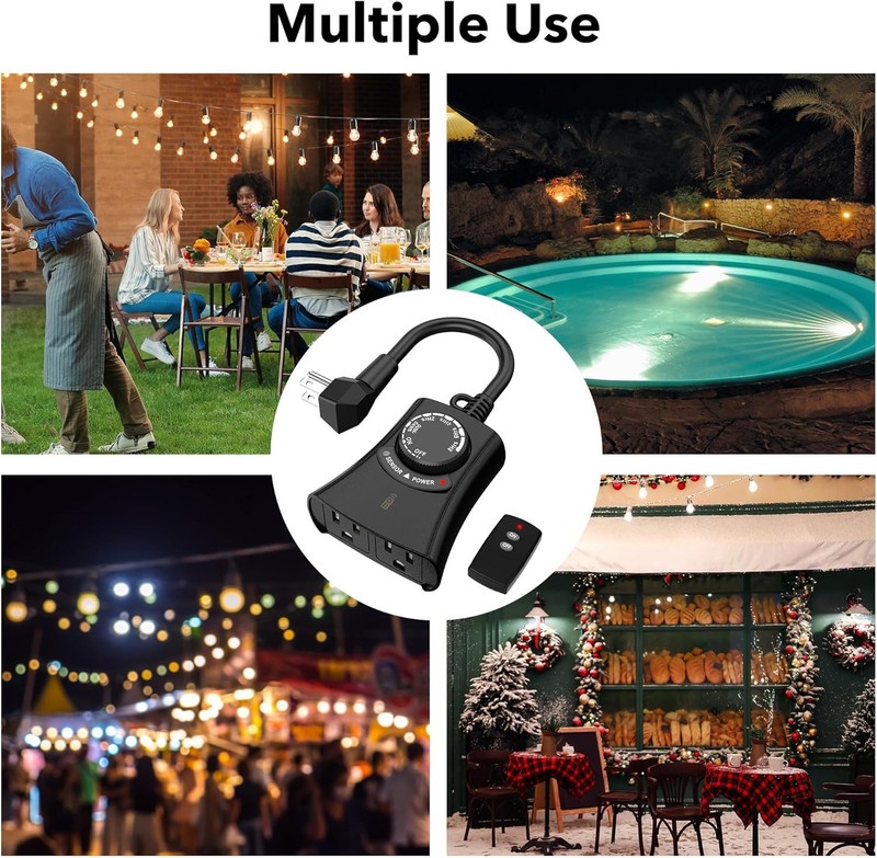 HBN Outdoor Light Timer with Remote Control, Waterproof Light Sensor, 2 Outlets gallery