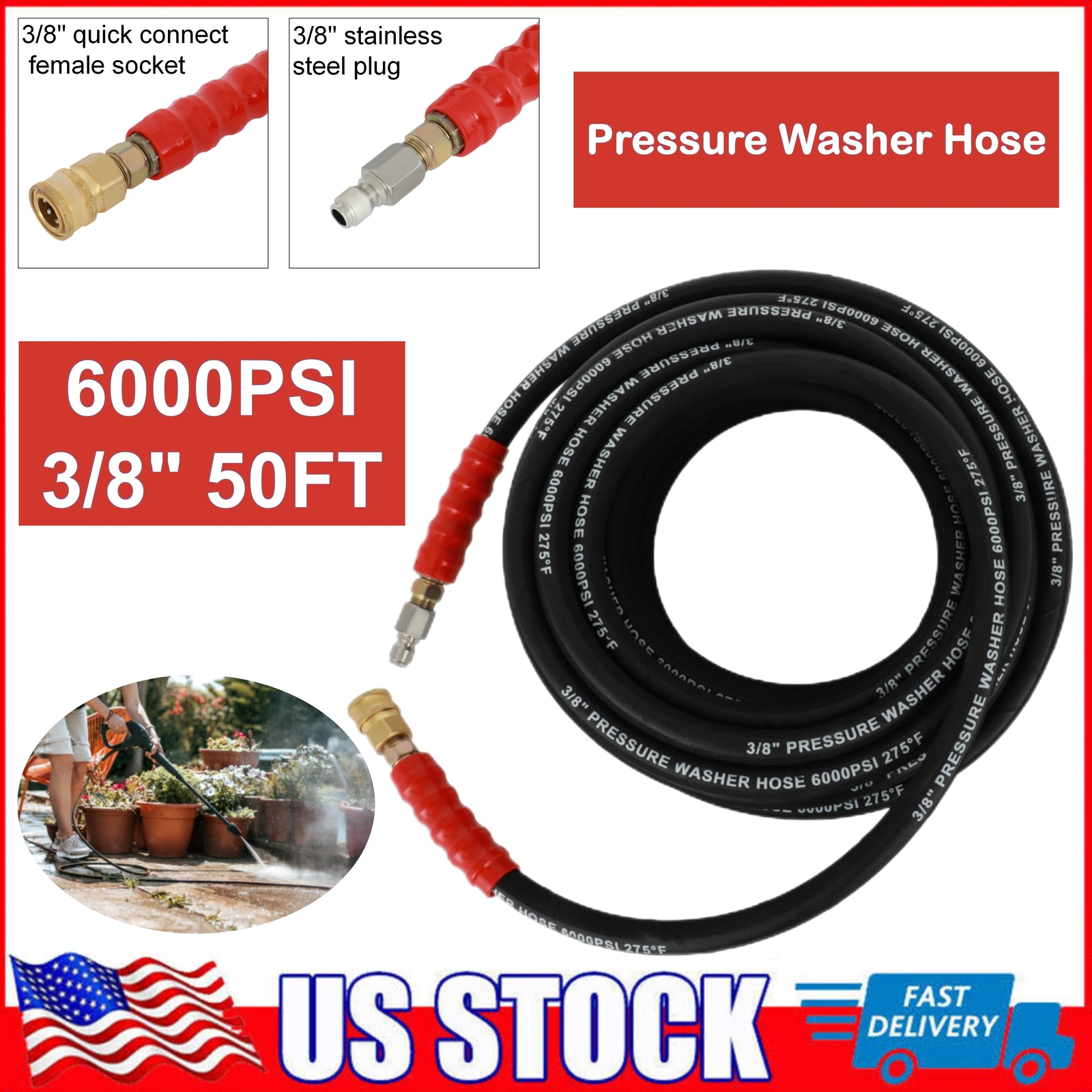 3/8" x 50ft 6000psi 2-Braid R2 Black Hot Water Pressure Washer Hose gallery