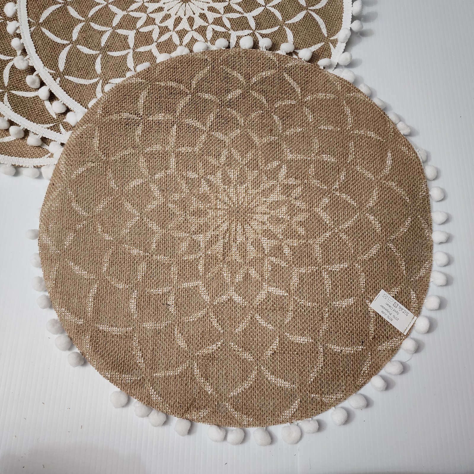 Round Placemats Boho Mandala Pattern White Pompom Edging Set Of 4 New gallery