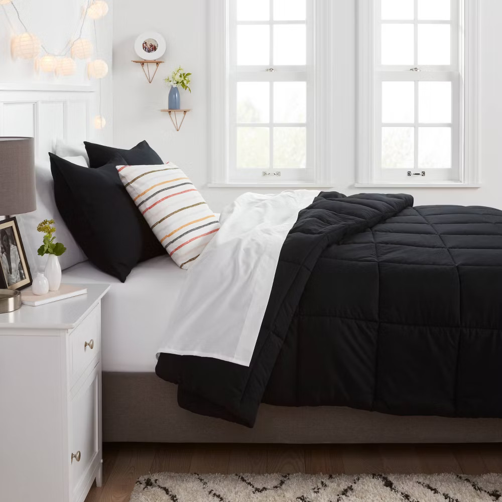 Full/Queen Down Alternative Washed Microfiber Reversible Comforter Black - Room gallery