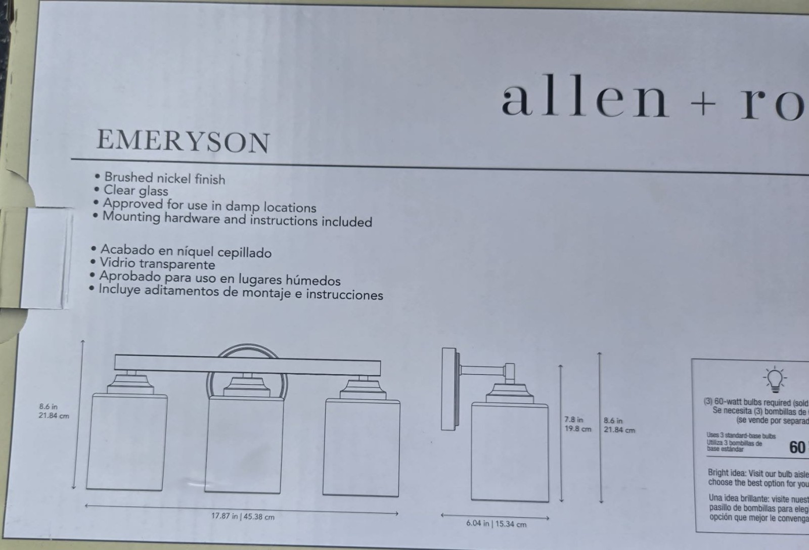 Allen & Roth 3-Light Vanity Light Brushed Nickel Finish Clear Glass Shades NEW gallery