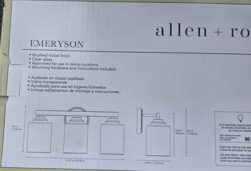 Allen & Roth 3-Light Vanity Light Brushed Nickel Finish Clear Glass Shades NEW gallery