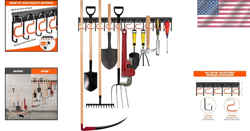 Adjustable Garage Tool Organizer - Wall-Mount, 66 lb Capacity, Iron Construction gallery
