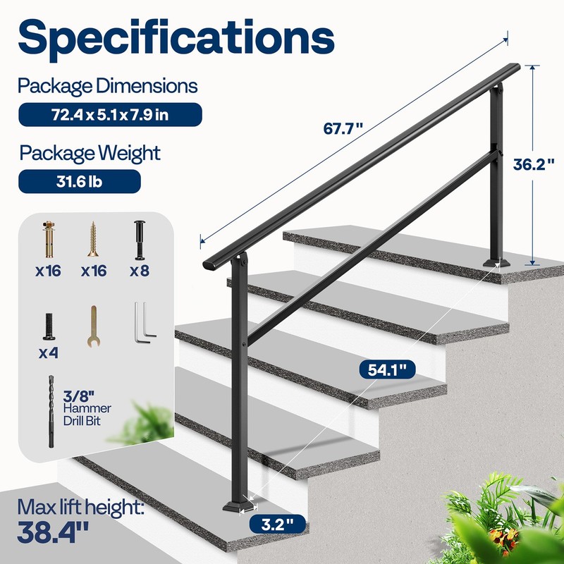 2-Pack 5 Step Hand Rails for Outdoor Steps Wrought Iron Railing for Porch Deck gallery