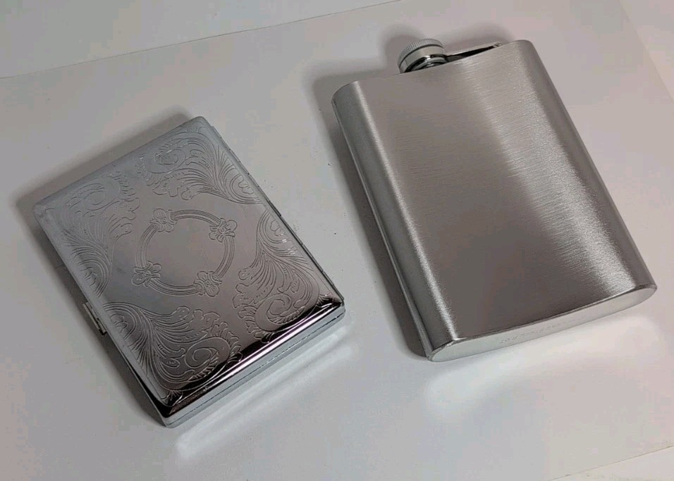 STAINLESS STEEL CIGARETTE CASE & FLASK SET - COSTUME ACCESSORY / EVERYDAY USE gallery