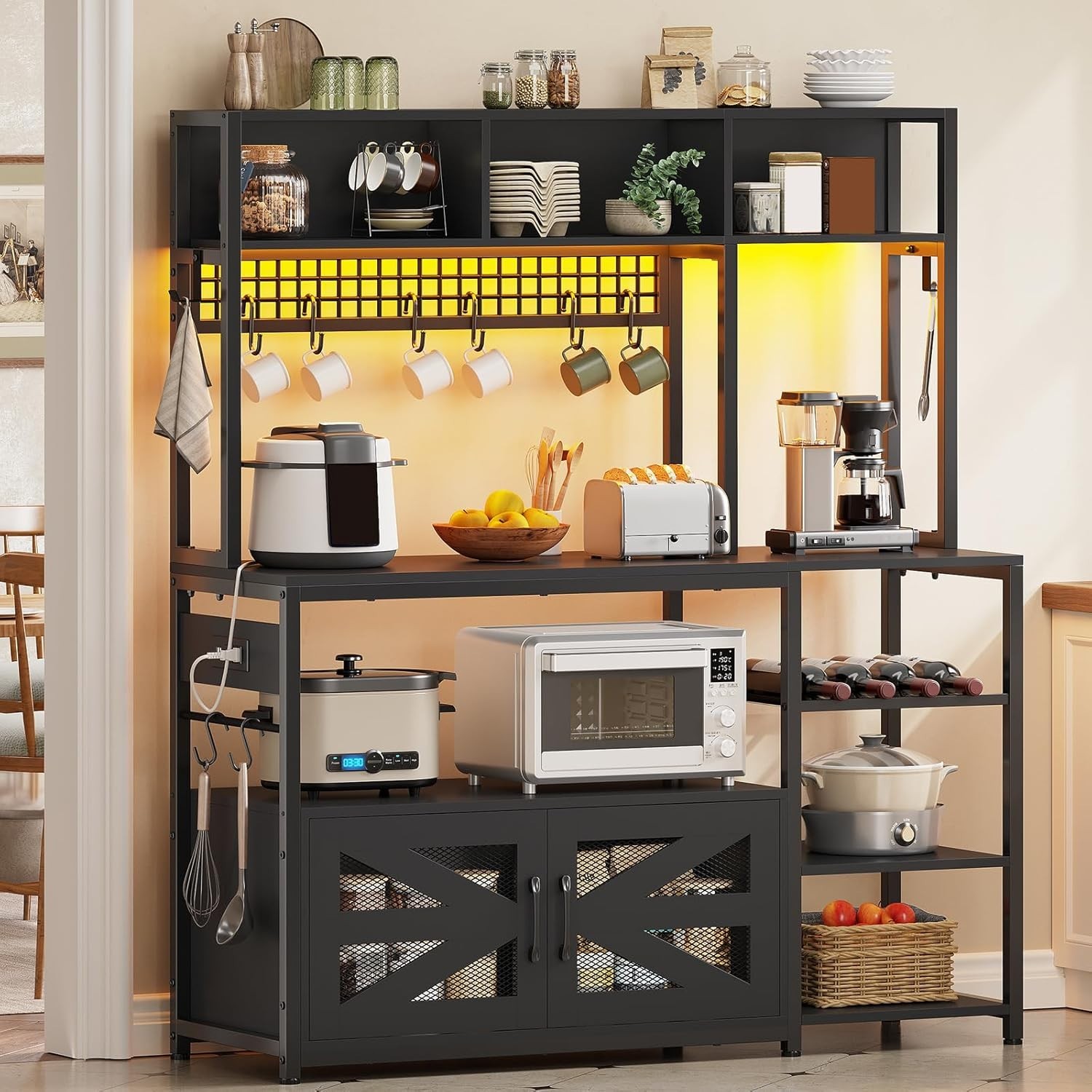 47.2" Bakers Rack with Power Outlet and Led Light, Farmhouse Coffee Bar Cabinet gallery