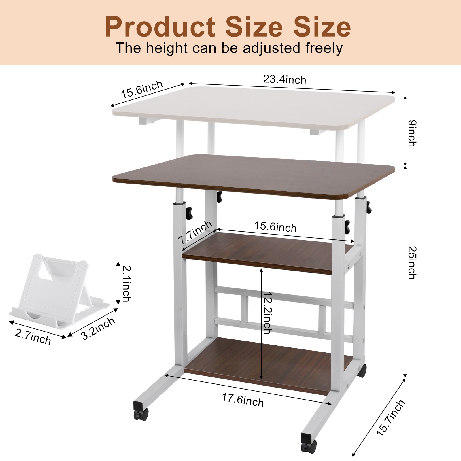 3 Tier Rolling Computer Desk Laptop Table Height Adjustable Study Table 60x40cm gallery