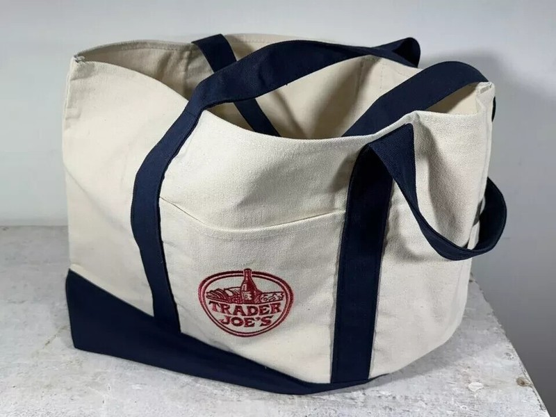 Trader Joe’s Reusable Heavy Cotton Canvas Shopping Bag, Off White & Navy, Large gallery