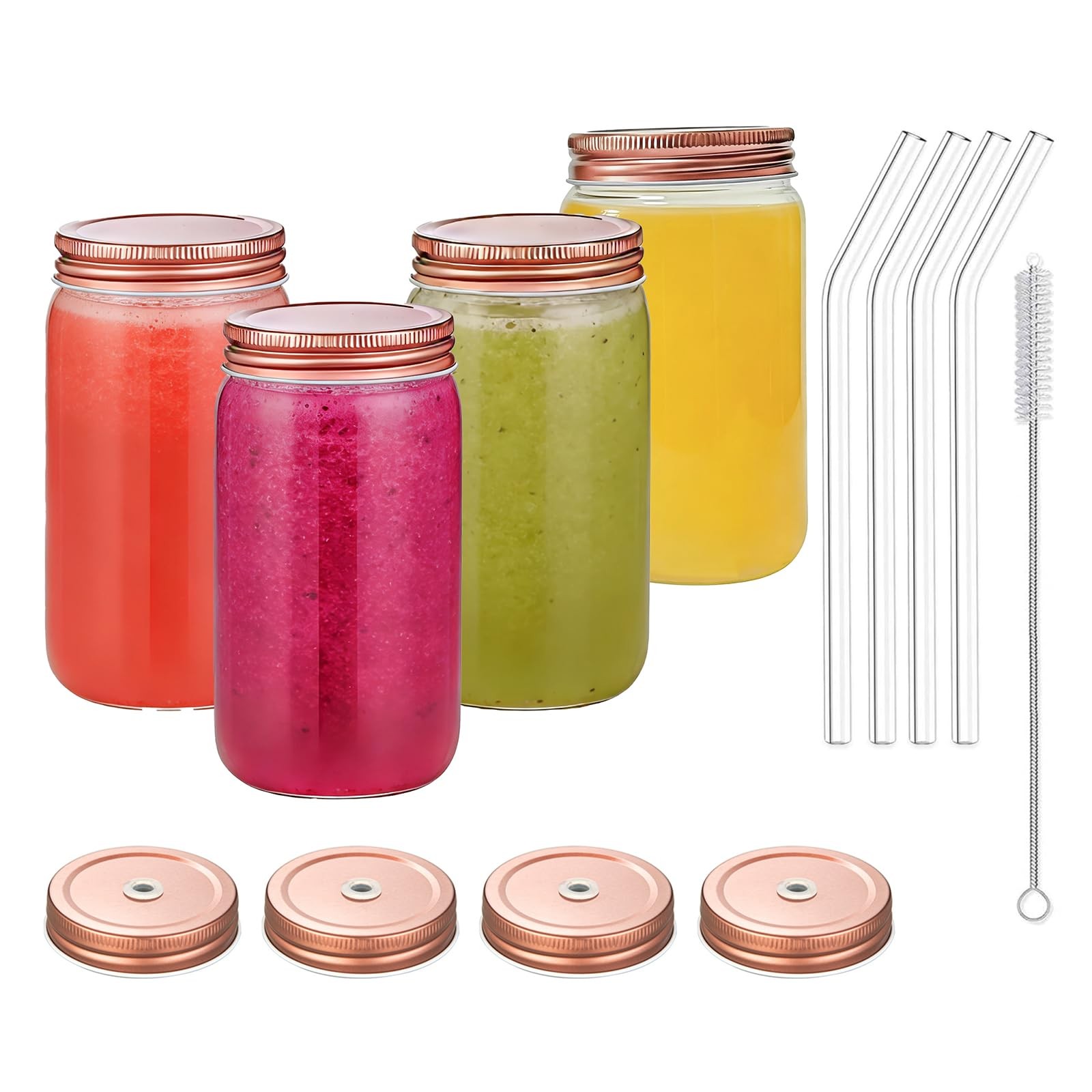 Glass Juicing Bottles with Straws & Lids-16 OZ，4 Pack Travel Drinking Jars, W... gallery