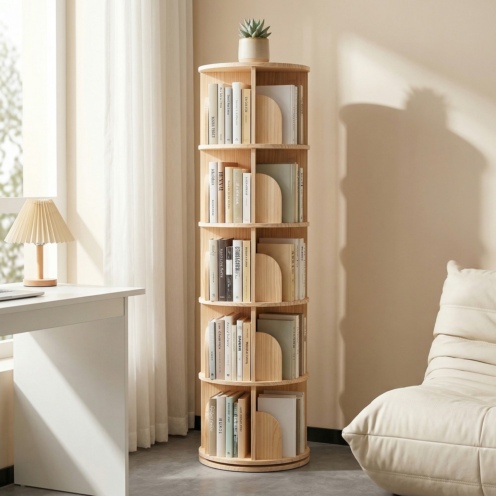 5 Tier Round Floor Standing Bookcase with 360° Spinning Design Display Shelf gallery