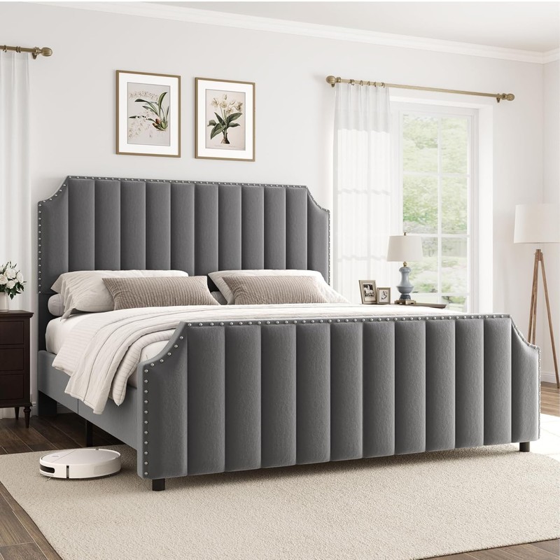 King Size Platform Bed Frame W/50.2 in Headboard Velvet Upholstered Bed Frame US gallery
